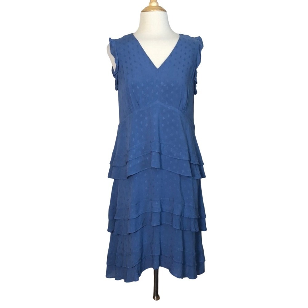 CECE Women Size 4 Blue Flutter Sleeve Vneck Tiered Baby Doll Dress Knee Length